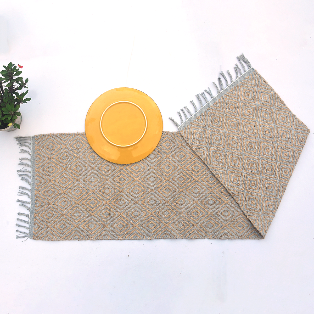 Persian Style Gray & Gold Natural Jute Placemat and Runner